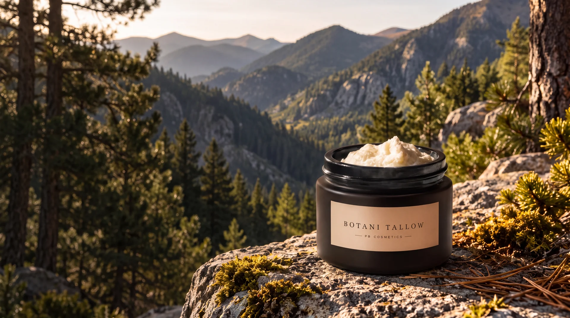 Crema Botani Tallow abierta sobre una roca, con el valle y las montañas al fondo