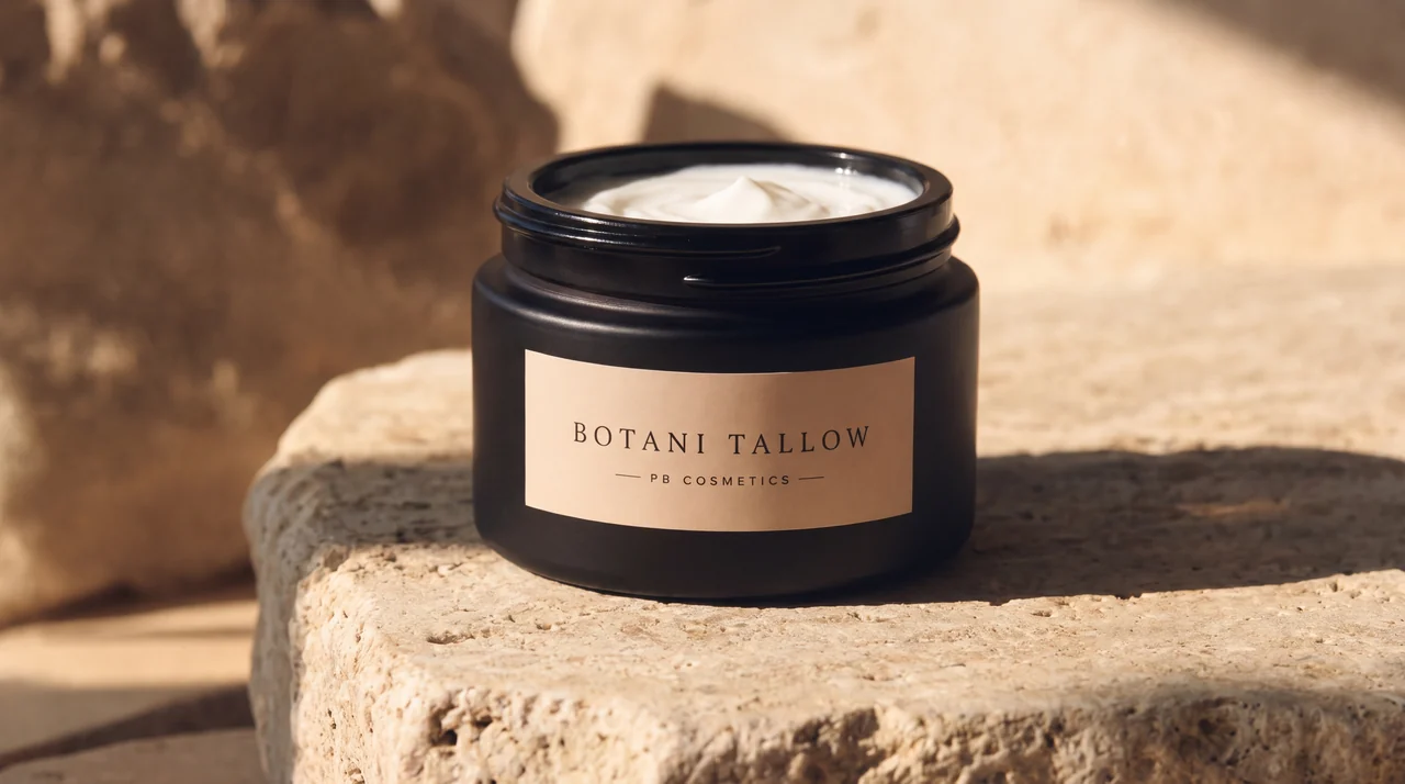La crema Botani Tallow sobre un bloque de piedra, a la luz de la tarde